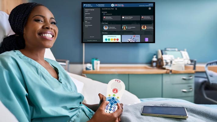 Smiling Black woman in hospital bed pillowspeaker a-series epic