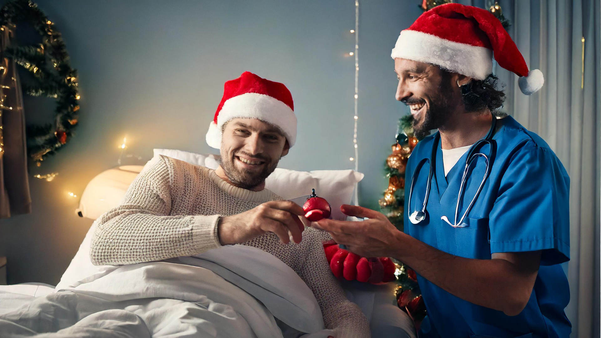 nurse and patient in hospital room with santa hat smiling with christmas ornaments 19087