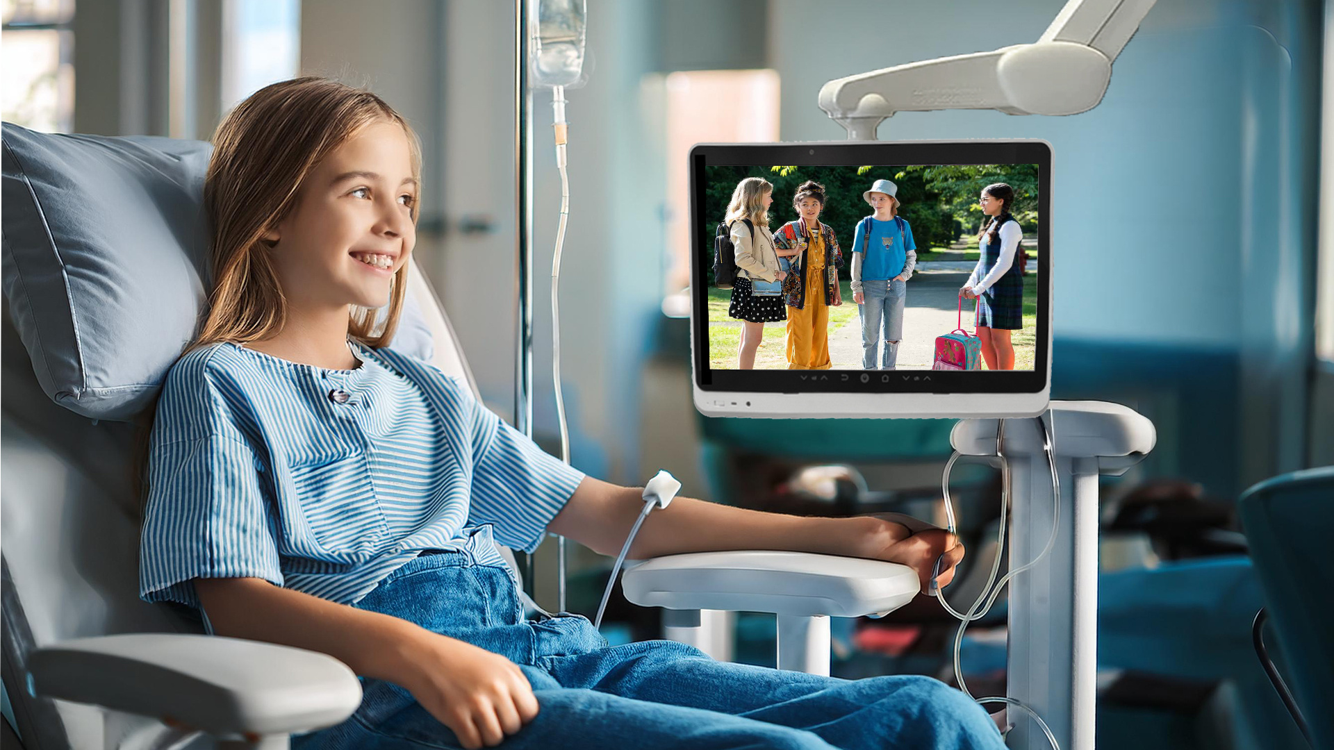 young patient enjoying TV entertainment during hospital treatment