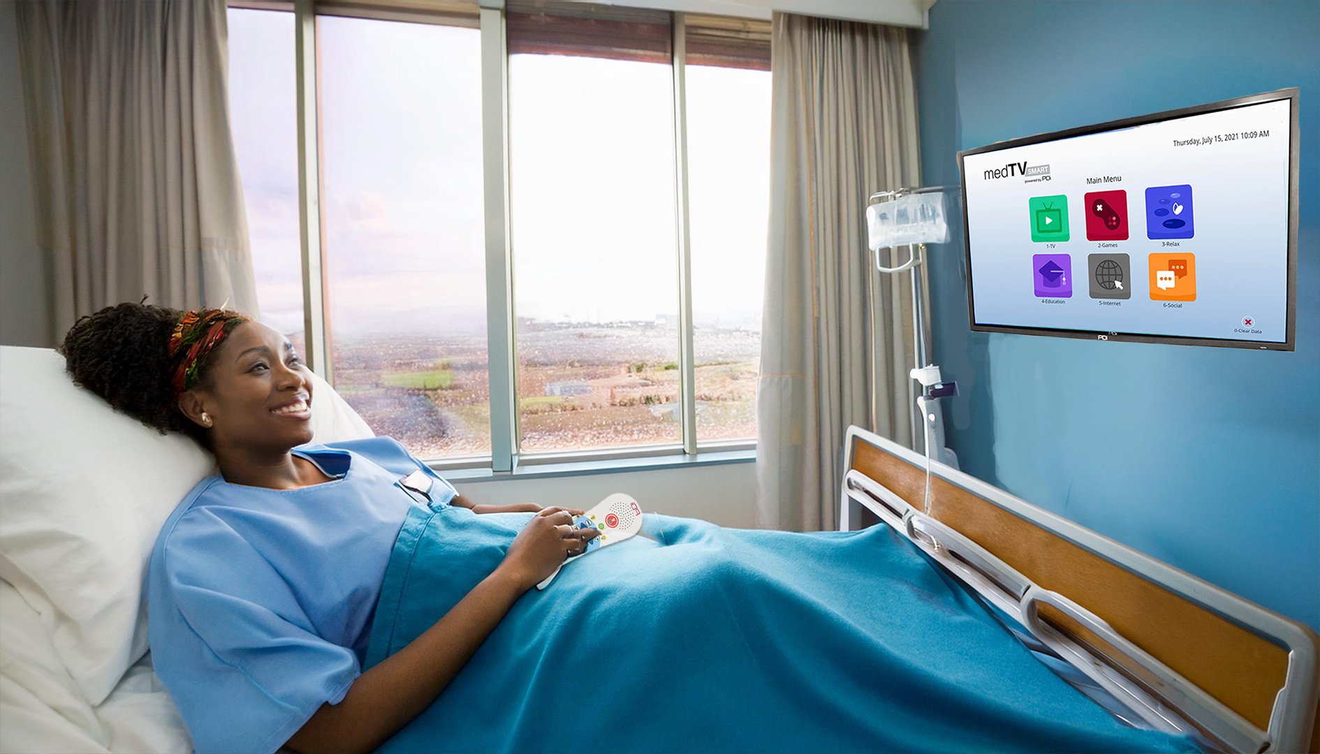 Female Patient in bed smiling pillow speaker watching tv